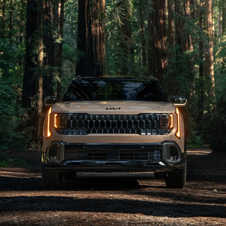 Front view of the 2027 Kia Seltos in brown, with bright LED headlights, showcasing its distinctive grille and front features, including the Kia logo in black. It's parked in an expansive forest.