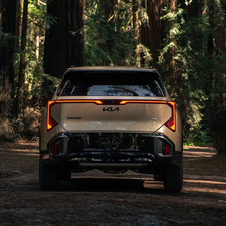 Rear shot of the 2027 Kia Seltos compact SUV in brown, showing off its LED taillights and gloss black trim. It's parked in a dense forest full of very large trees.